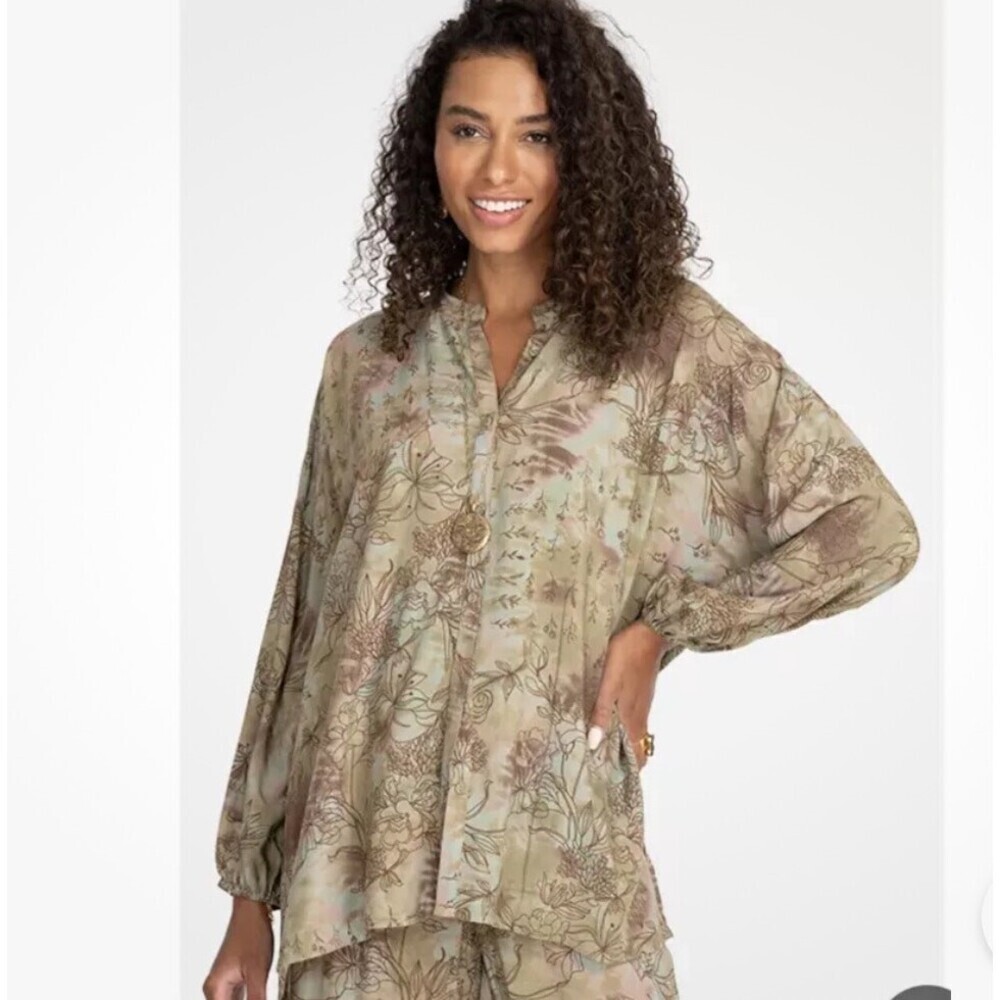 Johnny Was Oversized Puff-sleeve Shirt full button sage brown flowy SZ XS